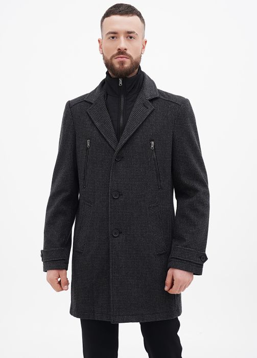 Пальто мужское осень - еврозима Kaiser серое (в мелкую клеточку) с манишкой