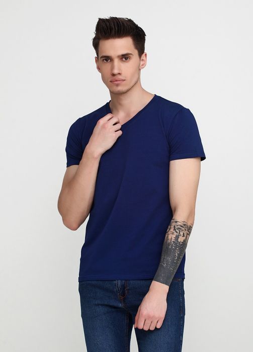 Футболка мужская V-вырез Only Man синяя с серебристым лого сзади