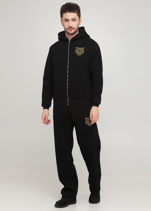 Брюки мужские прямые зимние Only Man черные с золотым тигром под карманом впереди (высокий рост)