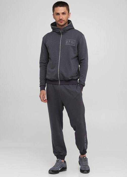 Штани-джогери чоловічі демісезонні Only Man графітові з сірою вишивкою попереду (низький зріст)