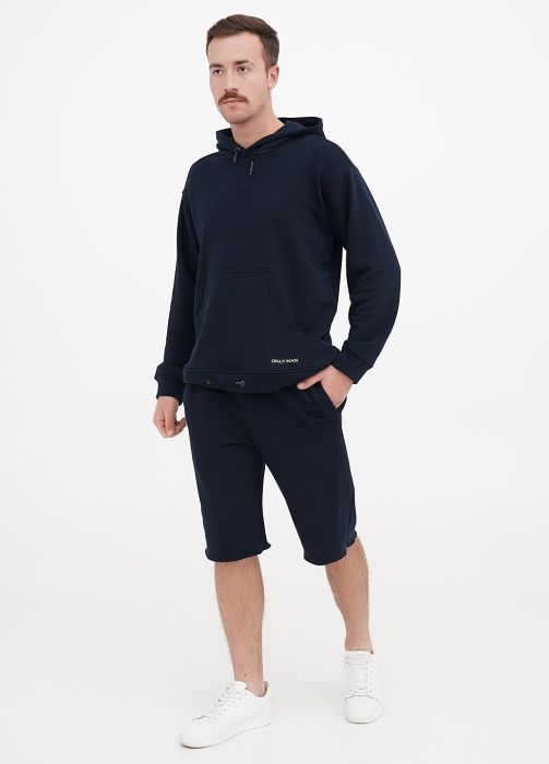 Шорты мужские удлиненные Only Man темно-синие с большой темно-синей вышивкой впереди внизу (трехнитка)