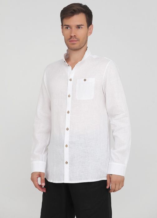 Рубашка мужская белая из льна с пуговицами из бамбука и воротником стойкой Only Man Рубашка мужская белая из льна с пуговицами из бамбука и воротником стойкой Only Man