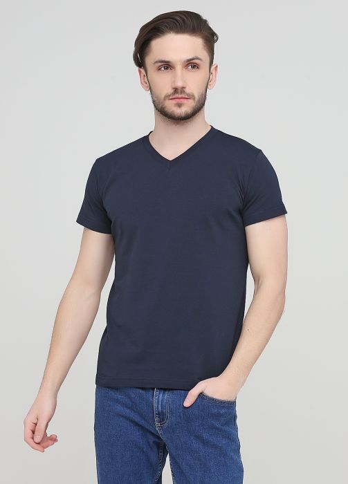 Футболка мужская V-вырез Only Man темно-синяя с синим лого сзади