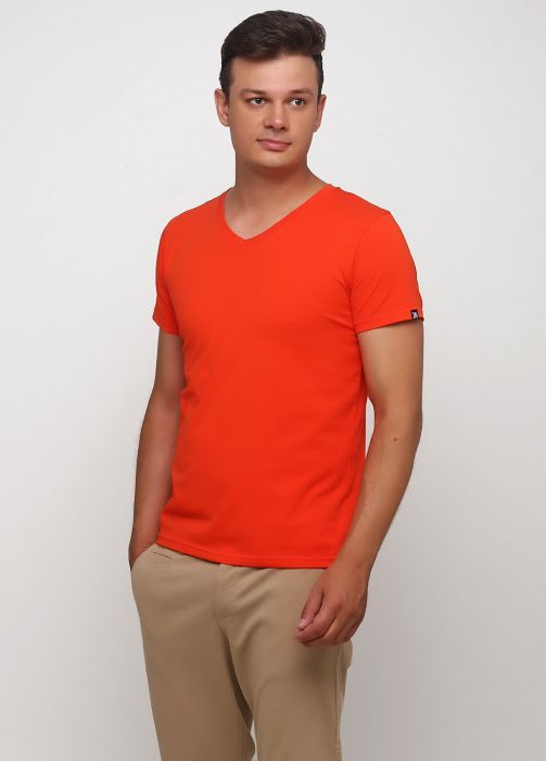 Футболка мужская V-вырез Only Man оранжевая с маленьким оранжевым логотипом сзади
